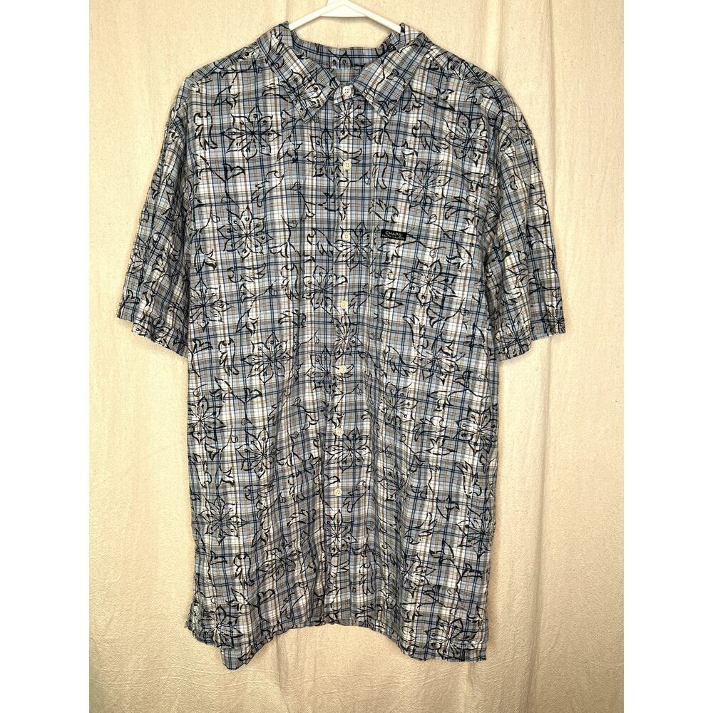 1990s Chaps Ralph Lauren Blue Hawaiian Plaid Tropical Beach Resort Camp Shirt L
